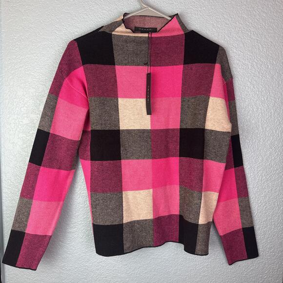 Tahari Sweaters - Tahari Sweater Womens XS Pink Plaid Mock Neck Long Sleeve Knit Pullover Top